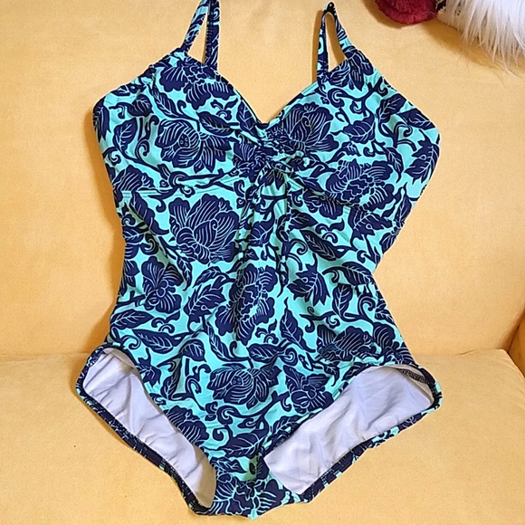 Lands end one piece size 14DD. Dark blue floral on aqua. - Picture 1 of 6